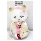 Fenton white teddy bear in pink overalls