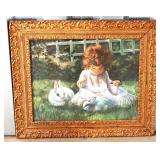 Vintage framed little girl with bunny art
