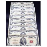 Lot of 10 red seal $5 notes