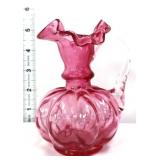 Fenton cranberry melon pitcher, clear handle