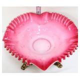 Vntg cranberry cased glass bowl w/ stand