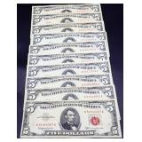 Lot of 10 red seal $5 notes