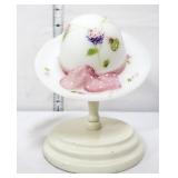 Fenton white satin hat w/ pink ribbon on stand