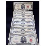 Lot of 10 red seal $5 notes