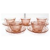 5 pink depression cabbage rose cups w/ saucers