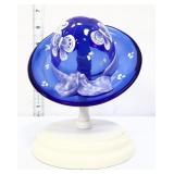 Fenton cobalt hat w/ white butterflies on stand