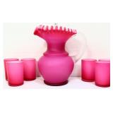 5 piece vntg cranberry satin cased glass water set