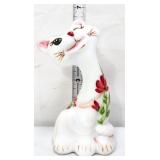 Fenton white slag 6in happy cat w/ flowers