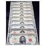 Lot of 10 red seal $5 notes