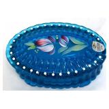 Fenton blue oval ring box w/ floral lid