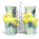 Pair 8in Royal Copley pottery vases, as is