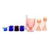 7 piece colored glass lot, inc pink candleholders