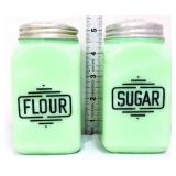 Lot of 2 vntg jadeite shakers, flour & sugar