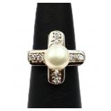 Sterling pearl cross ring, lab created