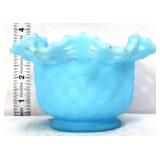 Fenton blue satin basketweave 3in vase