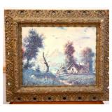 Framed 28.5x24.5 home in woods scene art