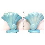 Pair 8in Red Wing ceramic fan shell blue fan vases