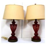 Pair red cut to clear glass lamps