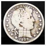 1908D barber half dollar