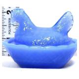 Miniature blue milk glass hen on nest