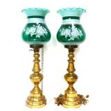 Pair brass lamps w/ green glass shades