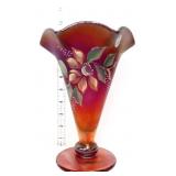 Fenton red stretch 10in trumpet vase w/ flowers