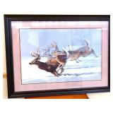 Framed 43.5x32.5 running deer art NO SHIP