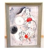 Framed 24.5x33 women & chicken abstract art