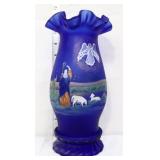 Fenton cobalt satin Birth Of Savior hurricane lamp