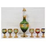 7 piece vntg enameled painted decanter set
