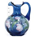 Fenton blue 7in pitcher w/ pink & white flowers