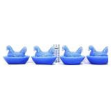 Lot of 4 miniature blue milk glass hens on nest