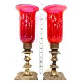 Pair vntg cranberry shade hurricane candle lamps