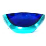 Blue art glass triangle shallow bowl