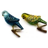 Pair 1990s glass parakeet clip on ornaments