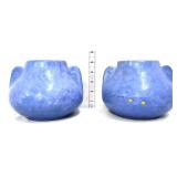 Pair vntg blue mottled matte short vases