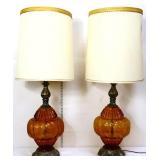 Pair vintage amber glass lamps