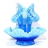 Fenton blue opalescent hobnail 3 horn epergne