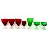 Lot of 7 green & red stemware items