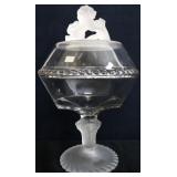 Clear EAPG covered compote w/ lion lid