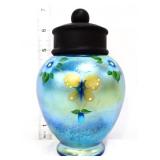 Fenton blue iridescent temple jar w/ black lid