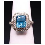Emerald cut blue topaz ring, lab created