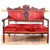 Vintage red fabric parlor settee