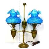 Brass double shade student lamp, blue Fenton shade