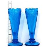 Pair 7in blue beaded scroll & stars vases