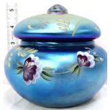 Fenton blue favrene round covered dresser box