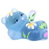 Fenton blue sanded laying bear with flowers