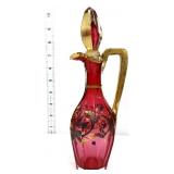 Vntg cranberry cruet w/ gold flowers