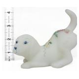 Fenton white satin puppy with flowers figure
