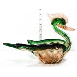 Art glass green/peach swan bowl